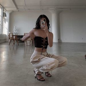 Shiny Lace Up Top - black size s